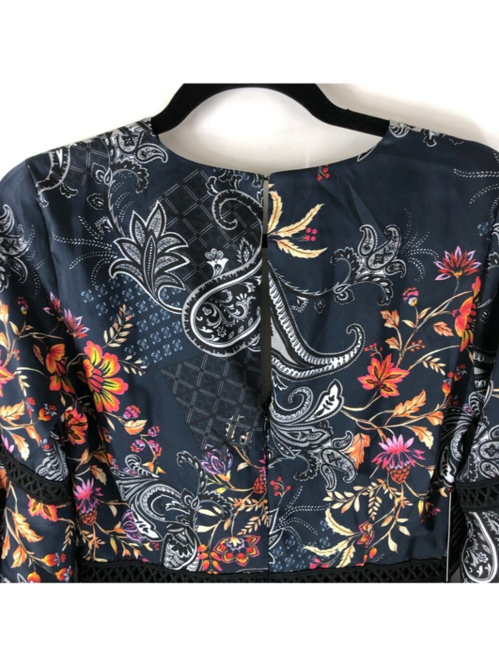 Alexia Admor Mini Dress Bell Sleeve Ruffle Floral Paisley Keyhole Navy Blue 2 - Picture 4 of 7